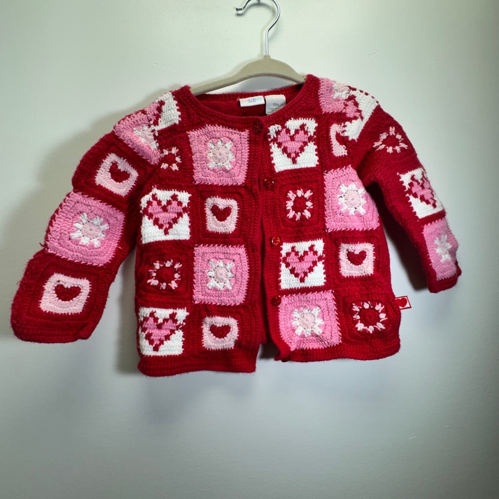KRU Little Crochet Heart Patchwork Cardigan Kids 18M Red Pink Cotton Cottagecore
